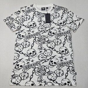 WXYZ All Over Skulls Roses Dice Chain Graphic Print T Shirt Men Size S White NWT